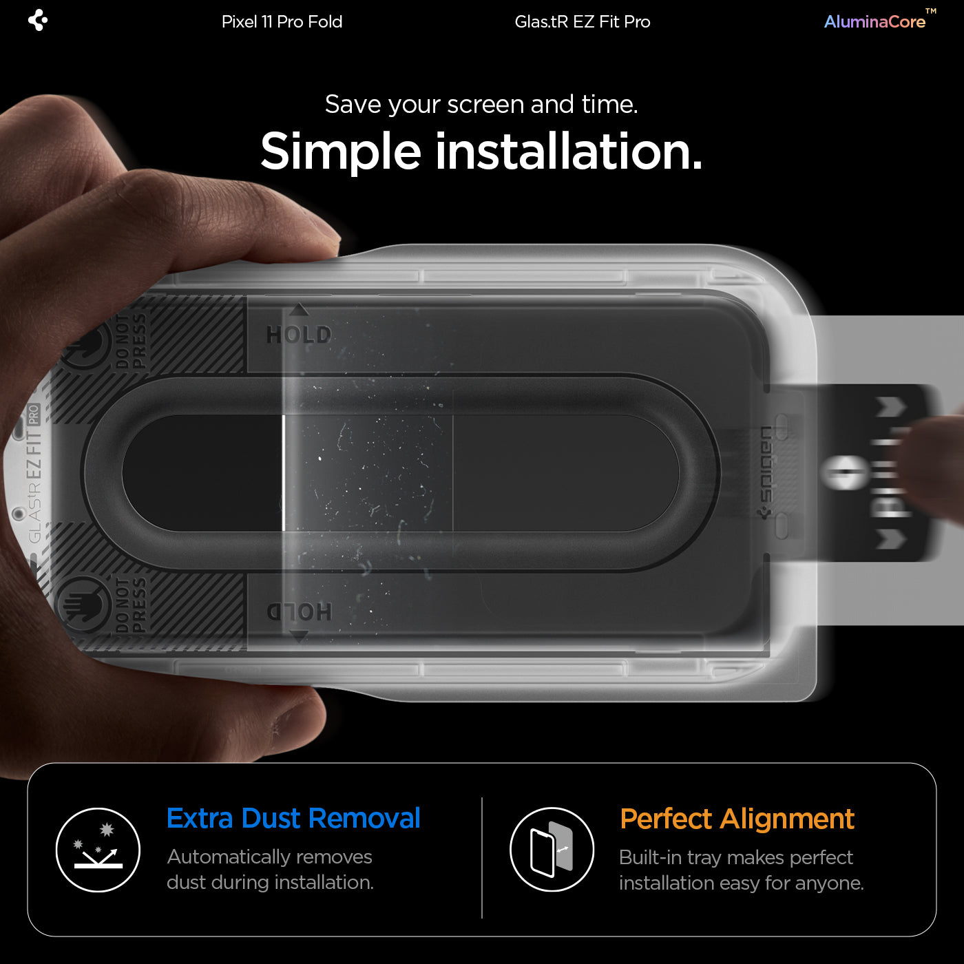 AGL11490 - Pixel 11 Pro Fold GLAS.tR EZ Fit Pro installation tray demonstrating automatic dust removal and precise alignment for simple and bubble-free screen protector installation.