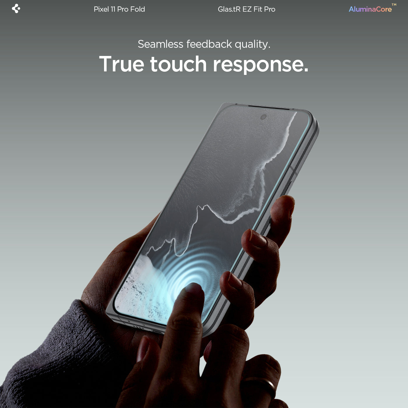 AGL11490 - Pixel 11 Pro Fold GLAS.tR EZ Fit Pro finger pressing on the installed screen protector to demonstrate smooth touch response and fingerprint sensor compatibility.