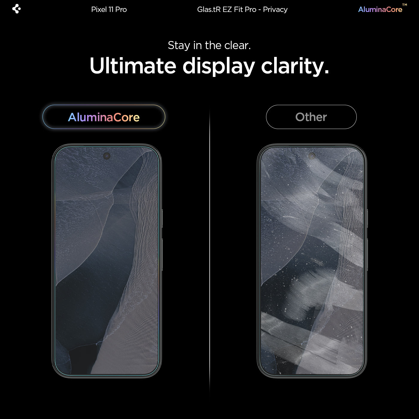 AGL11486 - Pixel 11 Pro XL GLAS.tR EZ Fit | Privacy comparison showing clearer display with AluminaCore privacy glass.