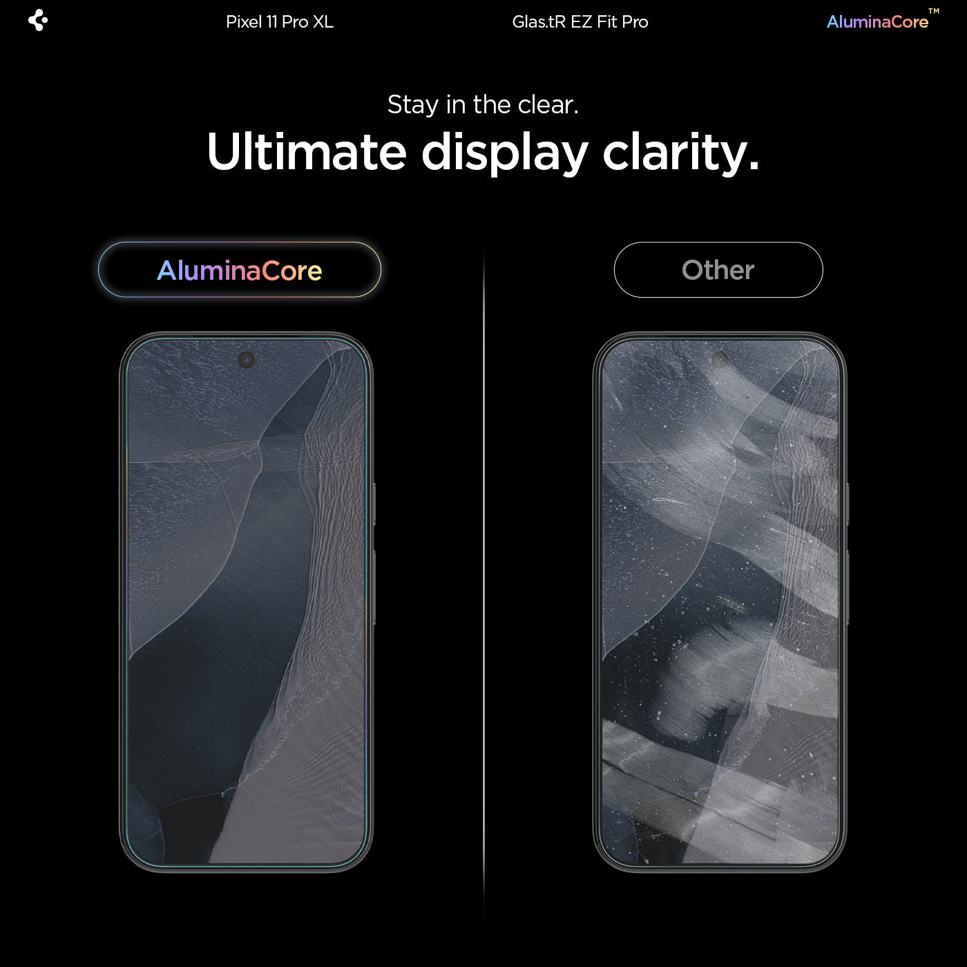 AGL11485 - Pixel 11 Pro XL GLAS.tR EZ Fit Pro comparison showing AluminaCore glass with enhanced display clarity next to a standard screen protector with reduced visibility.