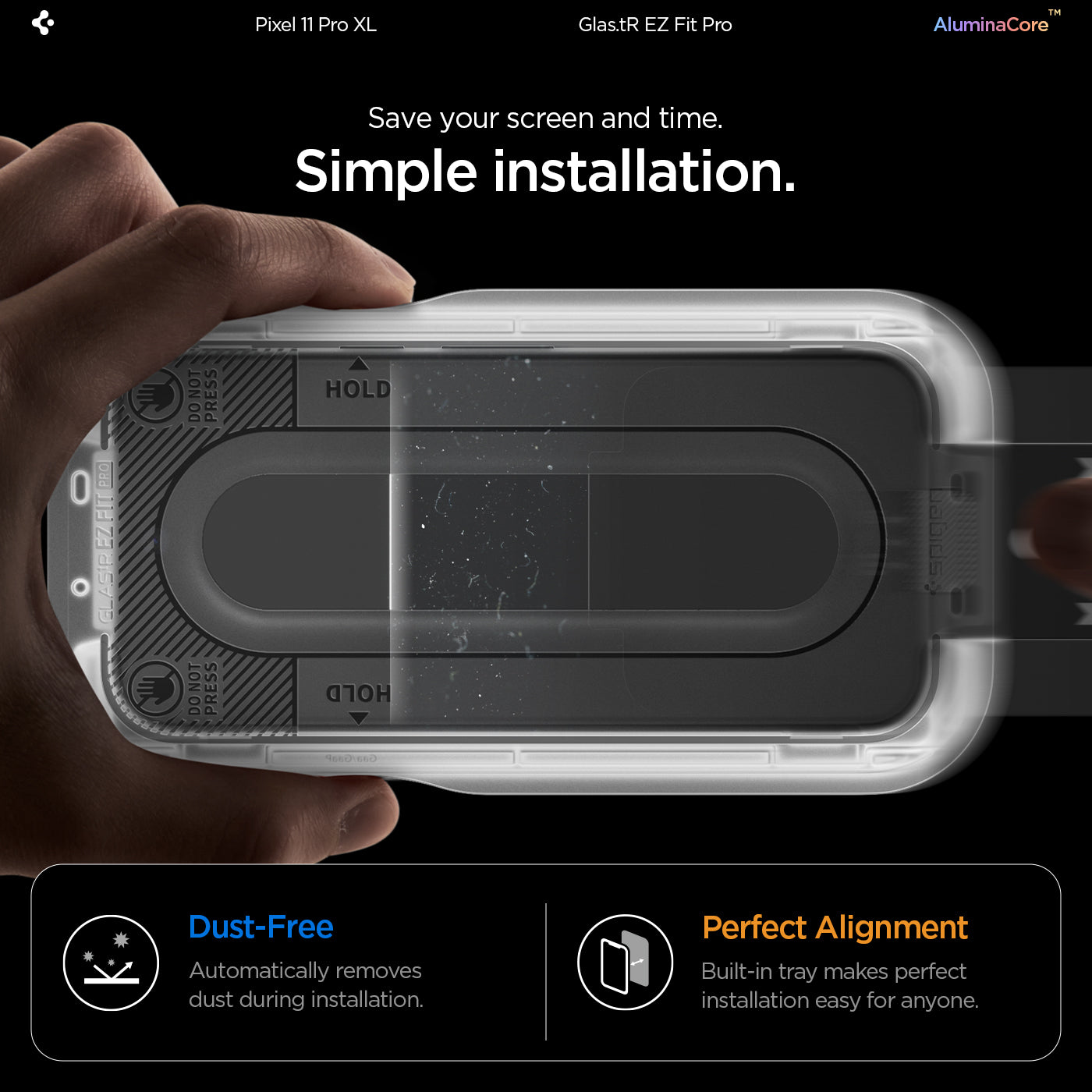 AGL11485 - Pixel 11 Pro XL GLAS.tR EZ Fit Pro installation tray demonstrating automatic dust removal and precise alignment for simple and bubble-free screen protector installation.