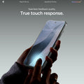 AGL11485 - Pixel 11 Pro XL GLAS.tR EZ Fit Pro finger pressing on the installed screen protector to demonstrate smooth touch response and fingerprint sensor compatibility.