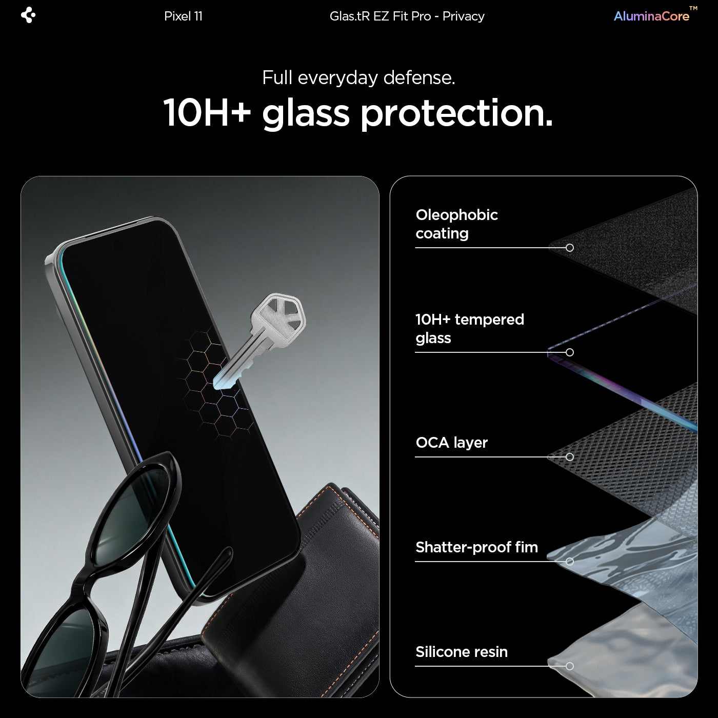 AGL11546 - Pixel 11 GLAS.tR EZ Fit | Privacy 10H+ privacy tempered glass with AluminaCore technology.