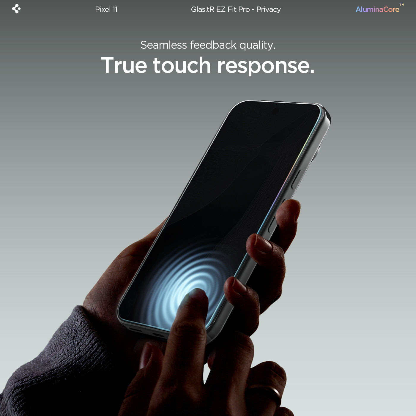 AGL11546 - Pixel 11 GLAS.tR EZ Fit | Privacy phone with installed privacy screen protector demonstrating touch responsiveness.