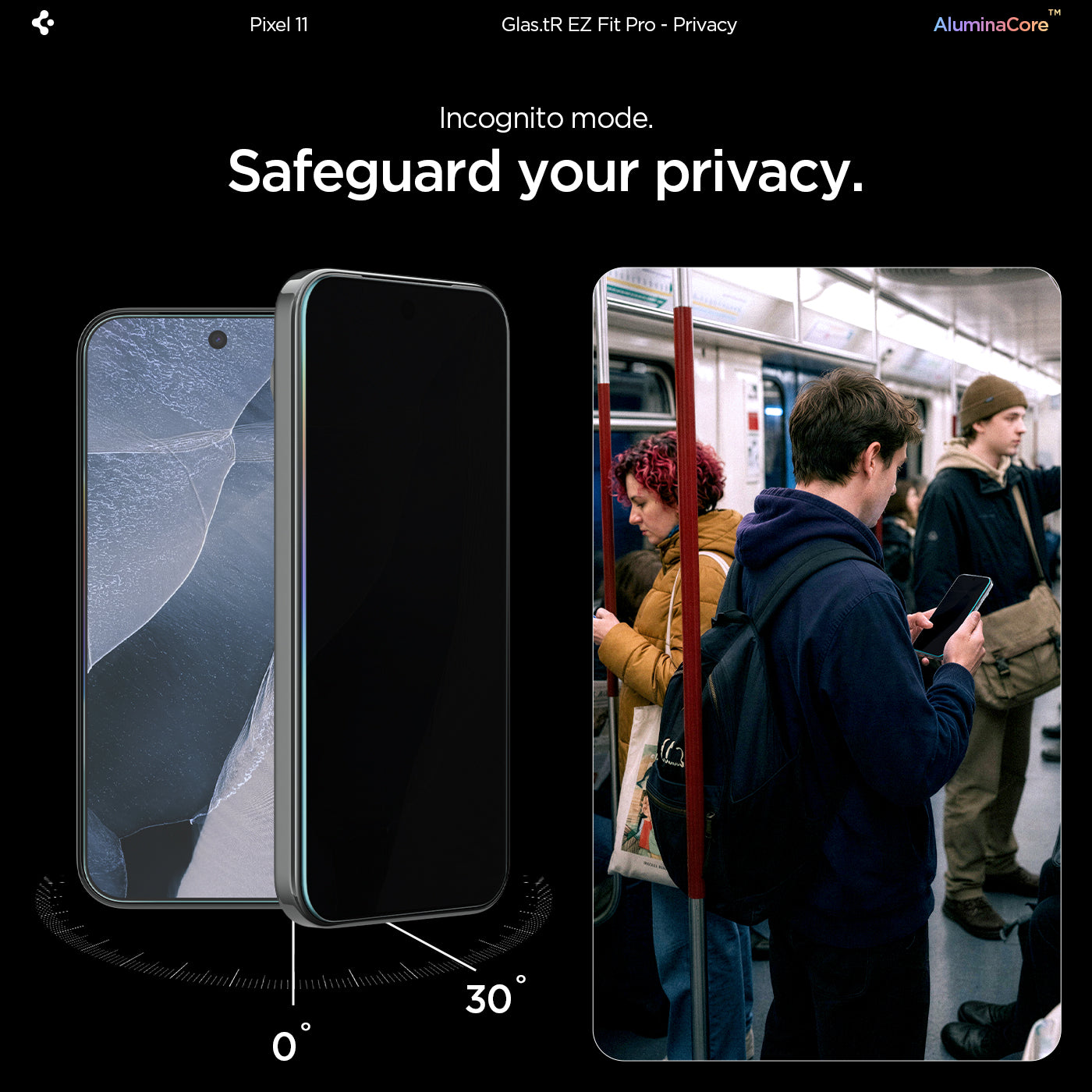 AGL11546 - Pixel 11 GLAS.tR EZ Fit | Privacy privacy screen protector limiting side viewing angles.