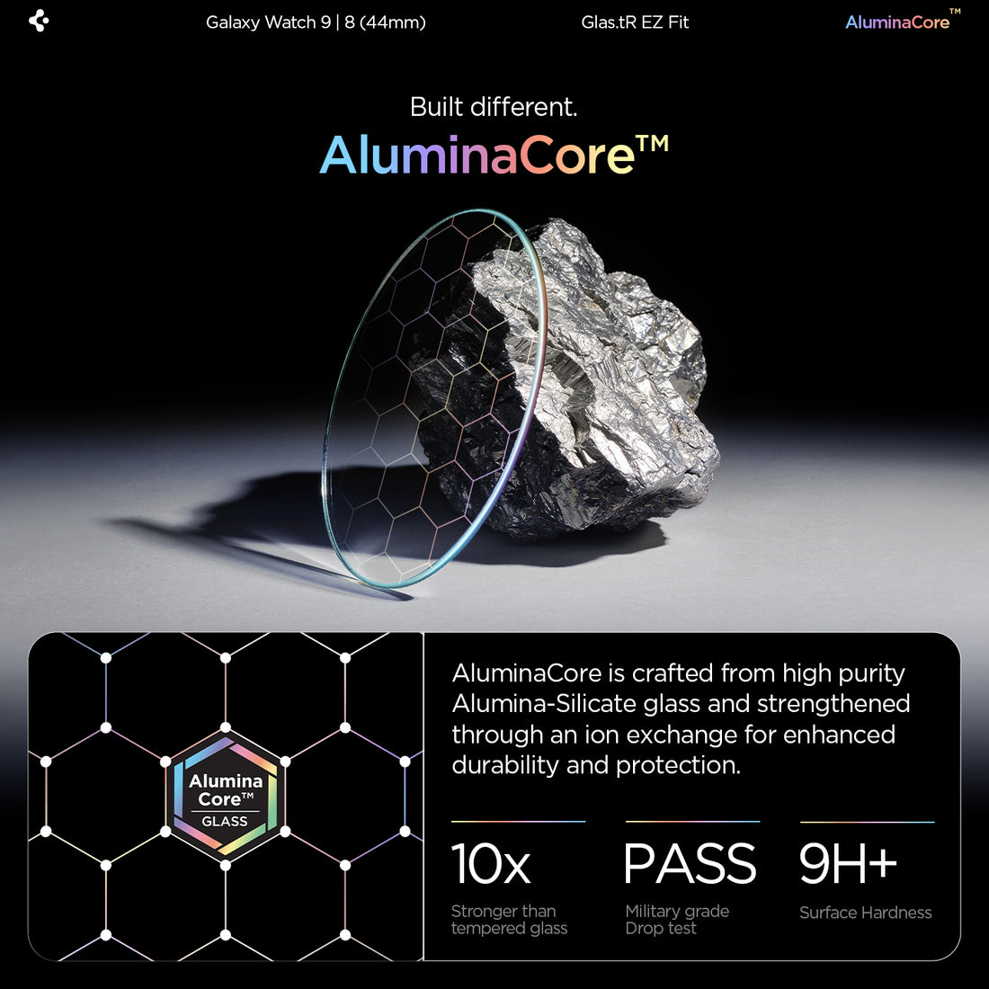 AGL09876 - Galaxy Watch 9 (44mm) GLAS.tR EZ Fit showing the AluminaCore glass compared to a rock, highlighting its hardness and durability