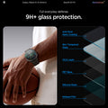 AGL09876 - Galaxy Watch 9 (44mm) GLAS.tR EZ Fit showing a diagram of the glass's protective layers next to a person holding a basketball