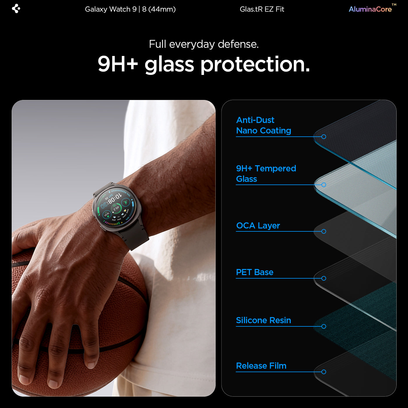 AGL09876 - Galaxy Watch 9 (44mm) GLAS.tR EZ Fit showing a diagram of the glass's protective layers next to a person holding a basketball