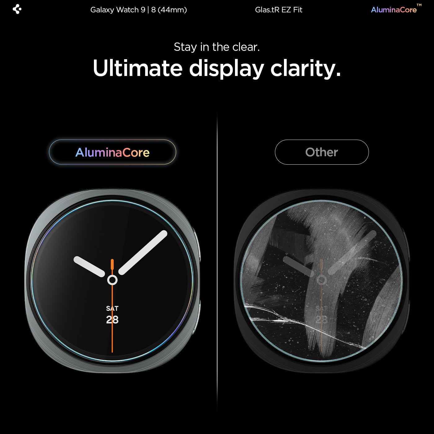 AGL09876 - Galaxy Watch 9 (44mm) GLAS.tR EZ Fit showing a side-by-side comparison of the glass's clarity against a cracked watch face