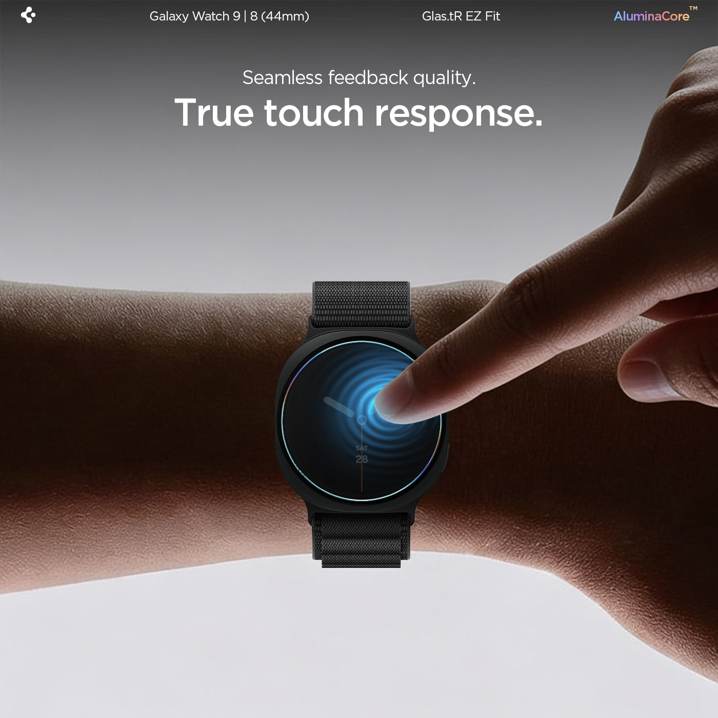 AGL09876 - Galaxy Watch 9 (44mm) GLAS.tR EZ Fit showing a finger tapping the Galaxy Watch 9 (44mm)'s face to demonstrate true touch responsiveness