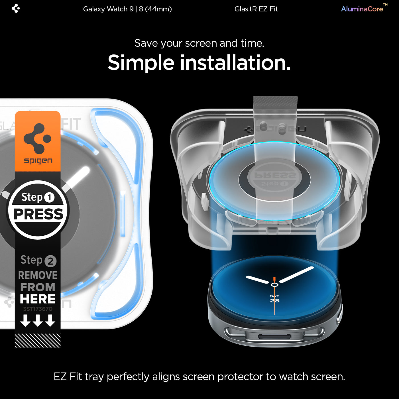 AGL09876 - Galaxy Watch 9 (44mm) GLAS.tR EZ Fit showing the tray being pressed and removed to align the glass onto the Galaxy Watch 9 (44mm)