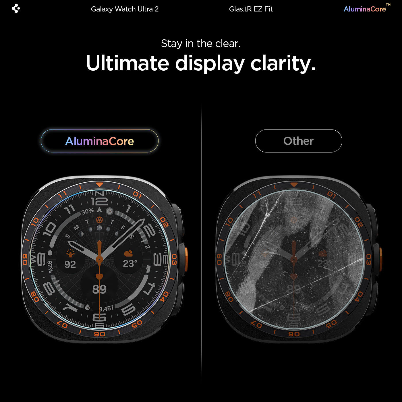 AGL11758 - Galaxy Watch Ultra Series - GLAS.tR EZ Fit showing a side-by-side comparison of the glass's clarity against a cracked watch face