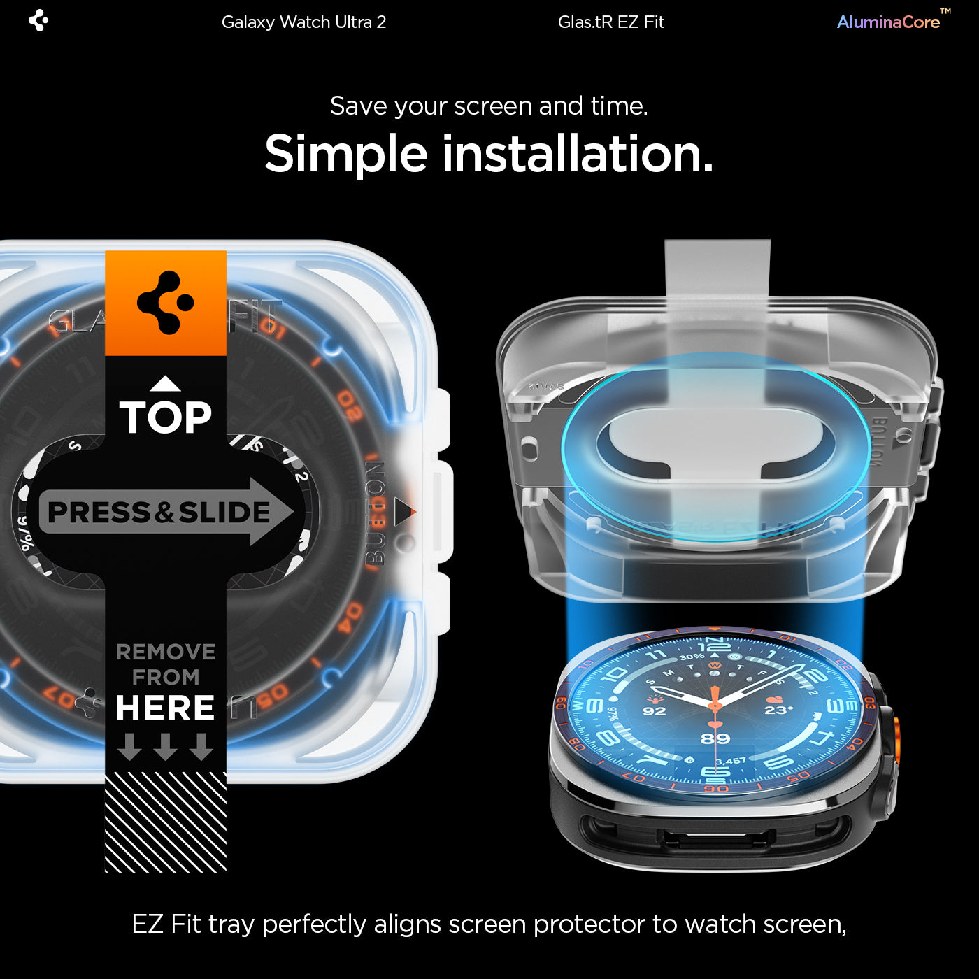 AGL11758 - Galaxy Watch Ultra Series - GLAS.tR EZ Fit showing the tray being pressed and slid to align the glass onto the watch