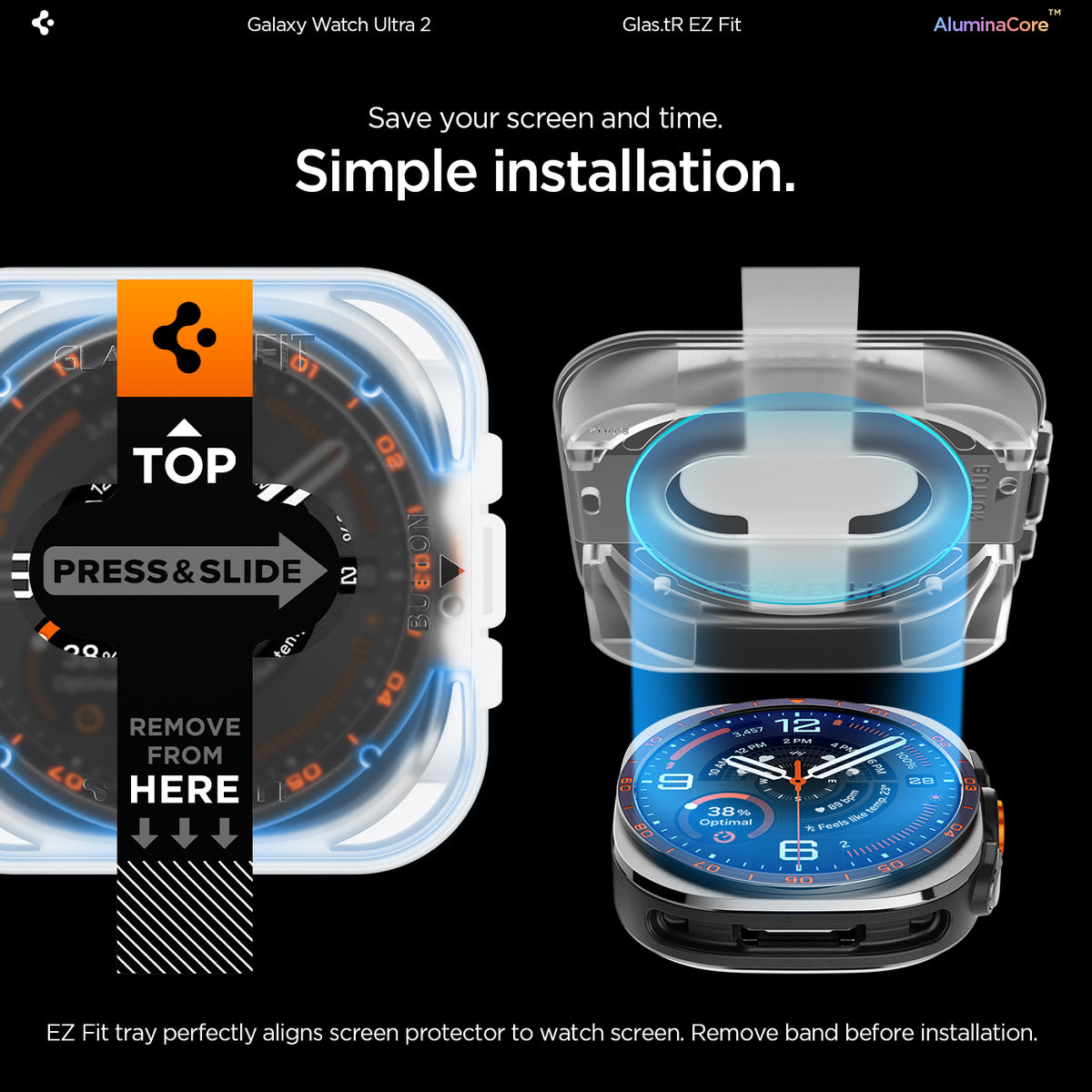 AGL11758 - Galaxy Watch Ultra Series - GLAS.tR EZ Fit showing the tray being pressed and slid to align the glass onto the watch