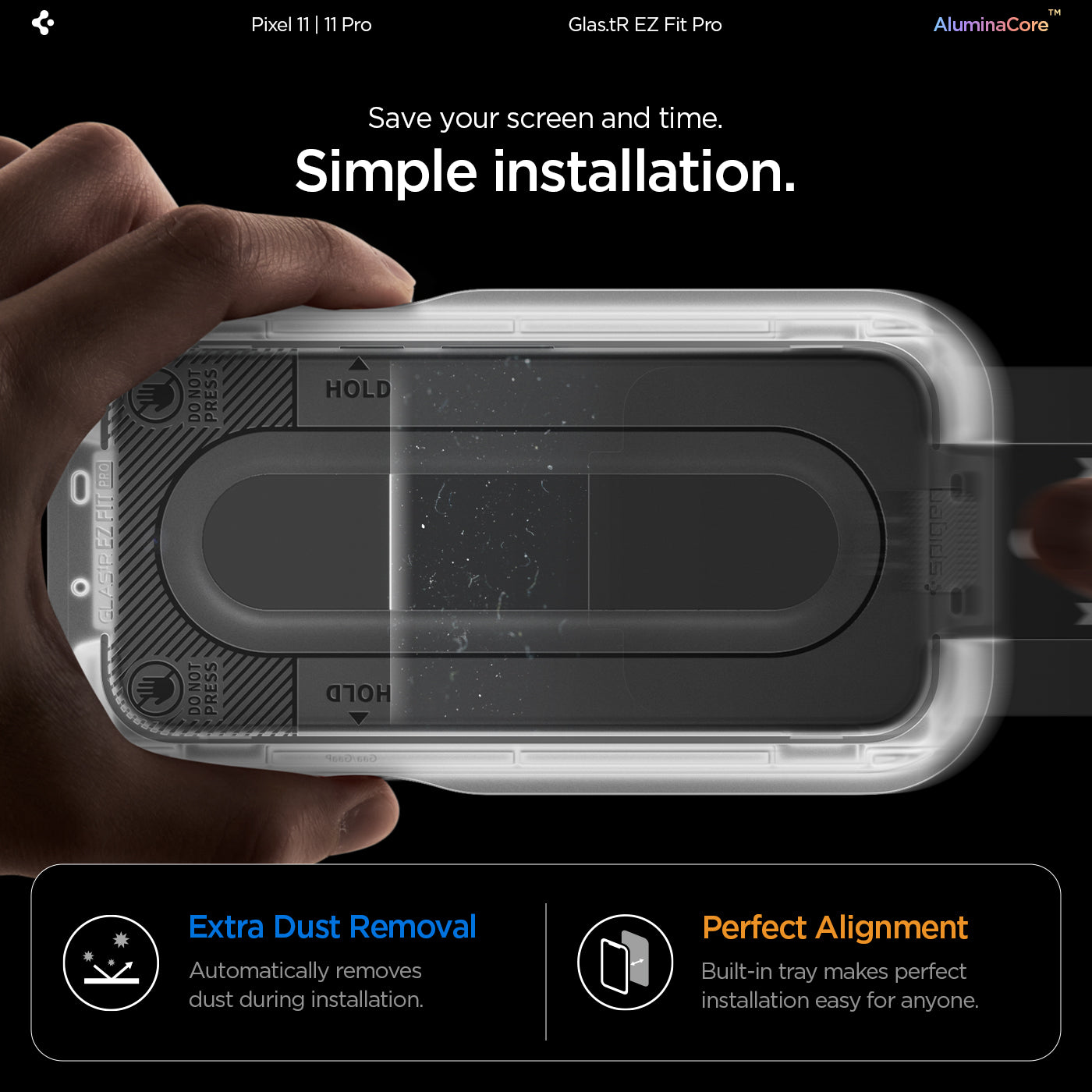 AGL11480 - Pixel 11 Pro  GLAS.tR EZ Fit Pro installation tray demonstrating automatic dust removal and precise alignment for simple and bubble-free screen protector installation.