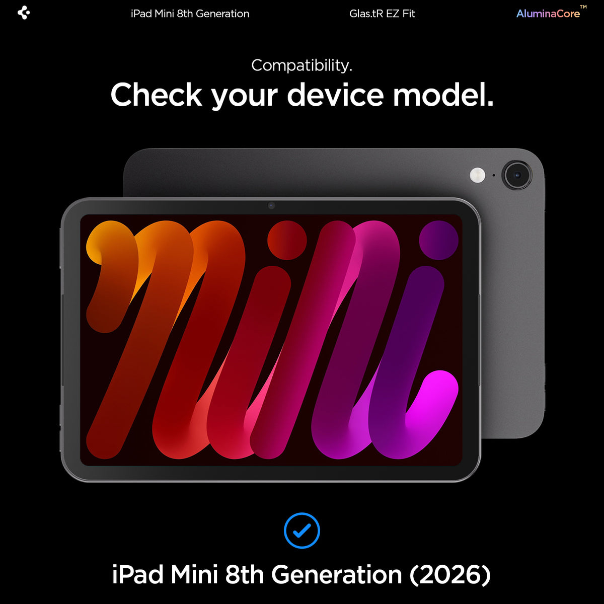 AGL12516 - iPad Mini 8 GLAS.tR EZ FIT showing front and back views of the iPad Mini 8th Generation with compatibility information.