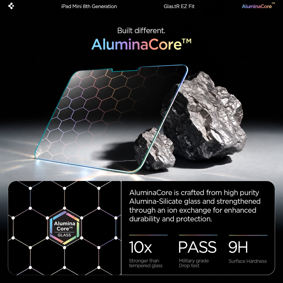 AGL12516 - iPad Mini 8 GLAS.tR EZ FIT showing AluminaCore glass structure with durability, drop test, and surface hardness specifications.