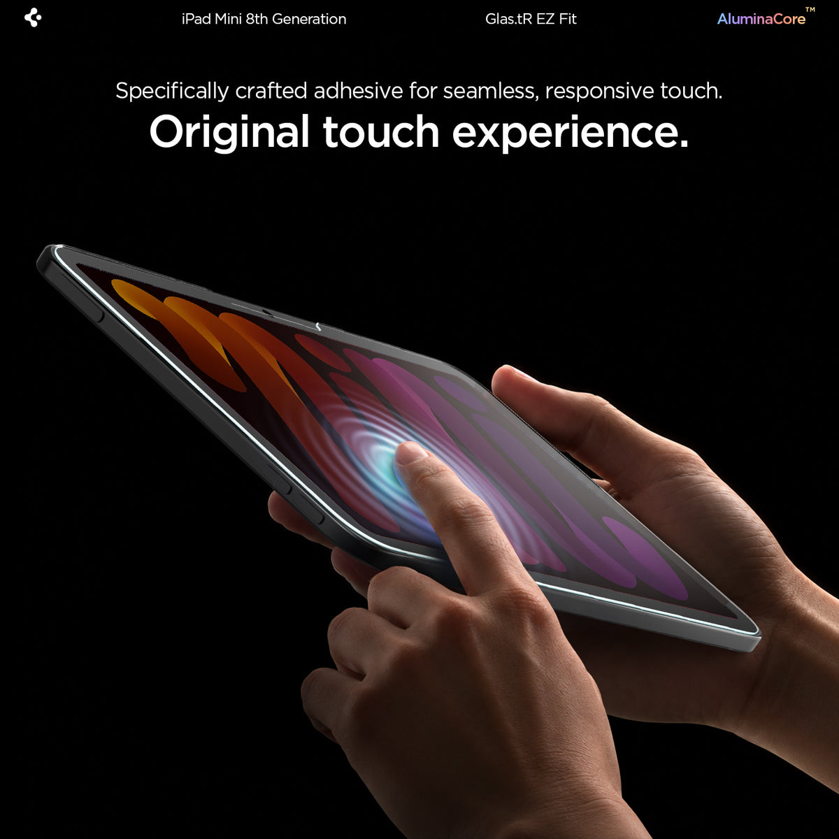 AGL12516 - iPad Mini 8 GLAS.tR EZ FIT showing hands using an iPad Mini touchscreen with a screen protector applied.