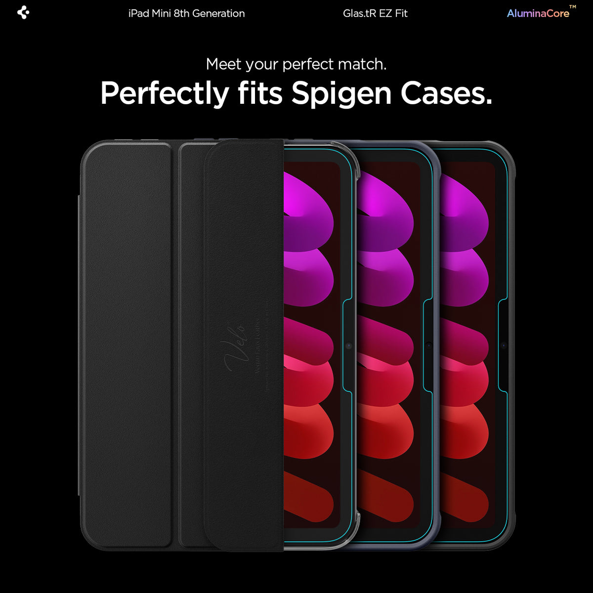 AGL12516 - iPad Mini 8 GLAS.tR EZ FIT showing multiple iPad Mini devices with different protective cases and fitted screen protectors.