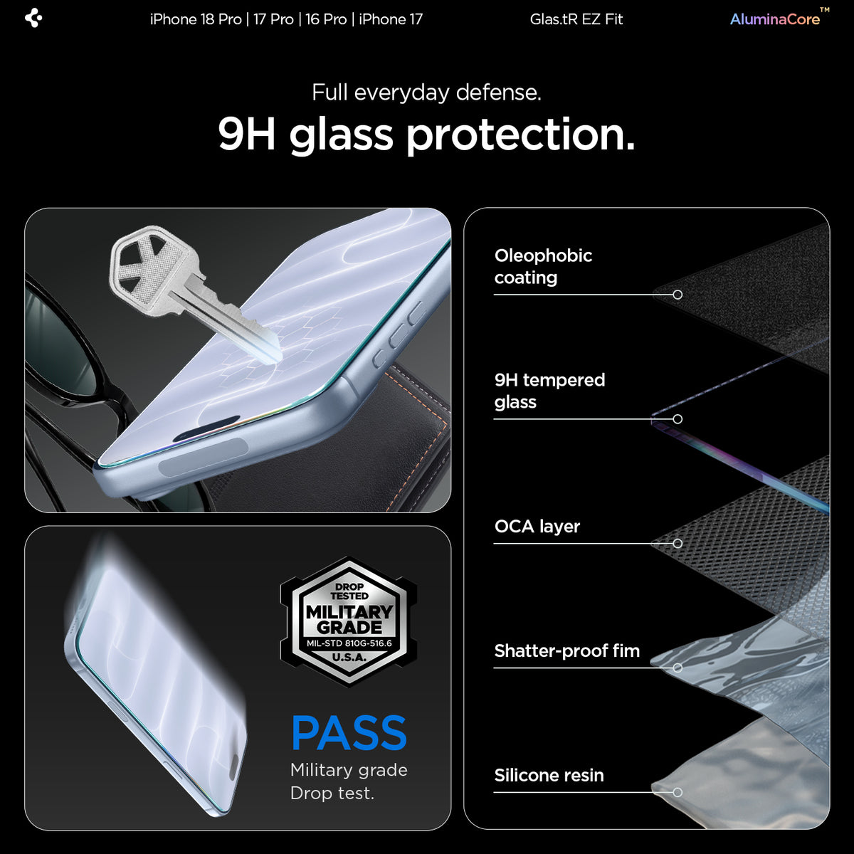 AGL07928 - iPhone 18 Pro / iPhone 17 Pro GLAS.tR EZ Fit | Sensor Protected showing a key scratching the screen surface next to a layered diagram of oleophobic coating, tempered glass, OCA layer, shatter-proof film, and silicone resin