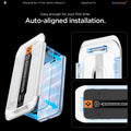 AGL07928 - iPhone 18 Pro / iPhone 17 Pro GLAS.tR EZ Fit | Sensor Protected showing the installation tray aligning the tempered glass onto the device with a press-and-slide application strip