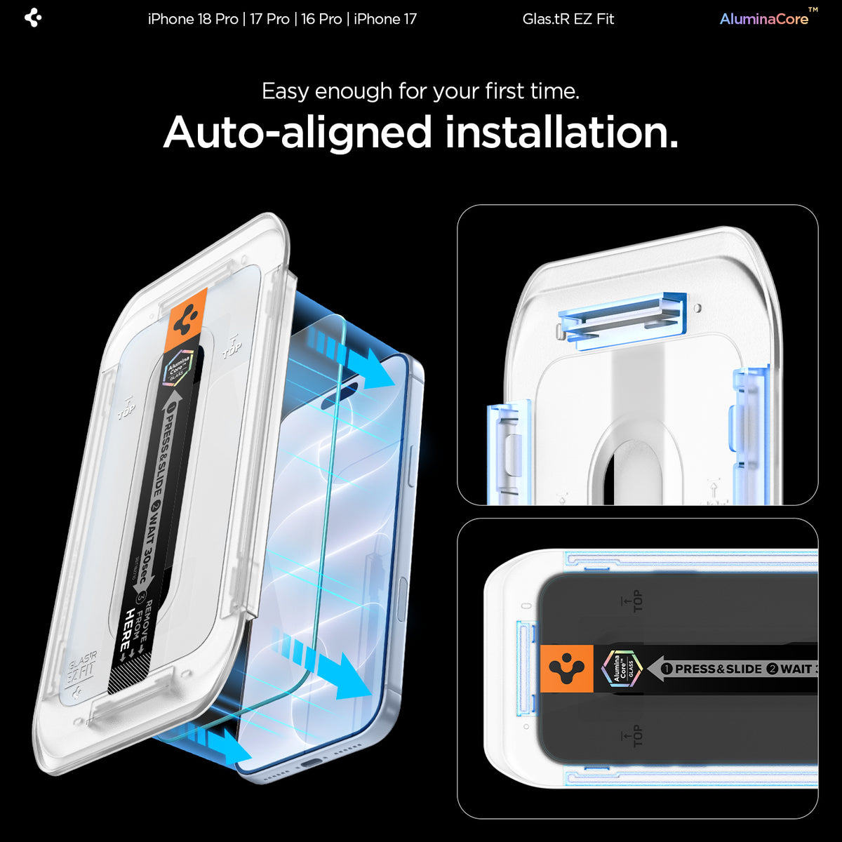AGL07928 - iPhone 18 Pro / iPhone 17 Pro GLAS.tR EZ Fit | Sensor Protected showing the installation tray aligning the tempered glass onto the device with a press-and-slide application strip