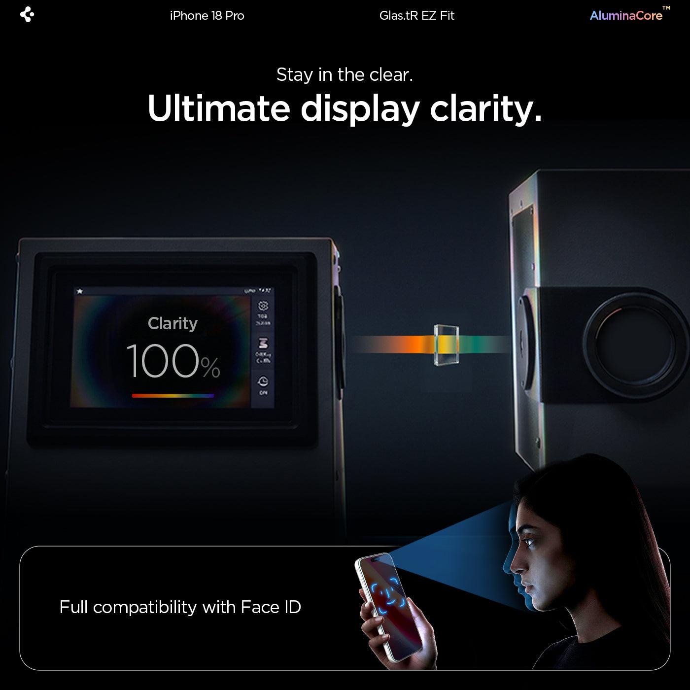 AGL07928 - iPhone 18 Pro / iPhone 17 Pro GLAS.tR EZ Fit | Sensor Protected showing a display clarity test setup alongside Face ID compatibility with the tempered glass installed