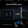 AGL07928 - iPhone 18 Pro / iPhone 17 Pro GLAS.tR EZ Fit | Sensor Protected showing a display clarity test setup alongside Face ID compatibility with the tempered glass installed