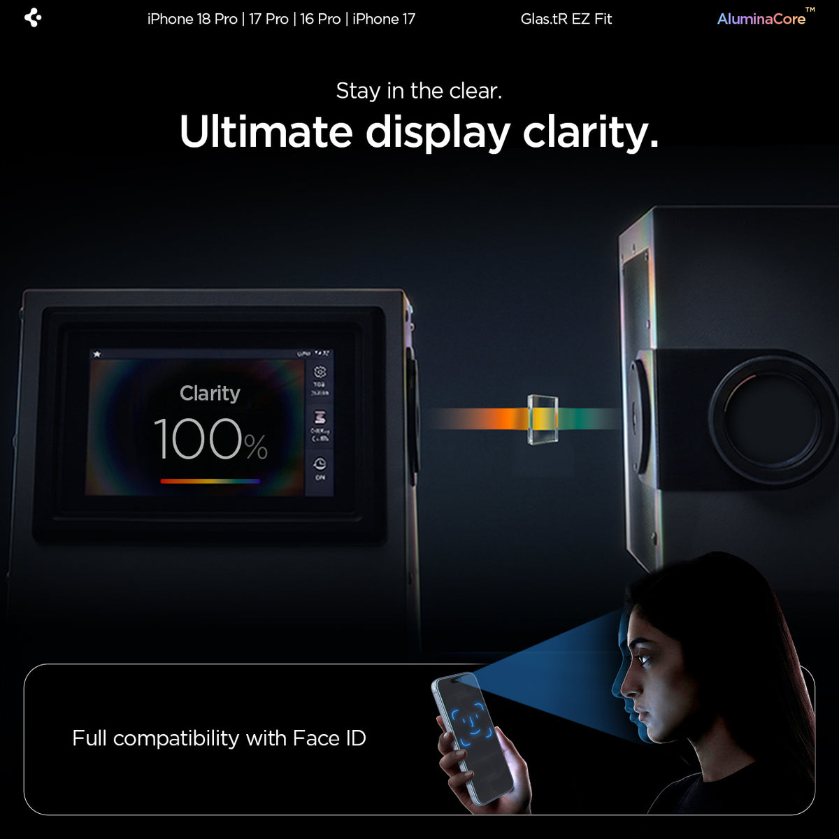 AGL07928 - iPhone 18 Pro / iPhone 17 Pro GLAS.tR EZ Fit | Sensor Protected showing a display clarity test setup alongside Face ID compatibility with the tempered glass installed