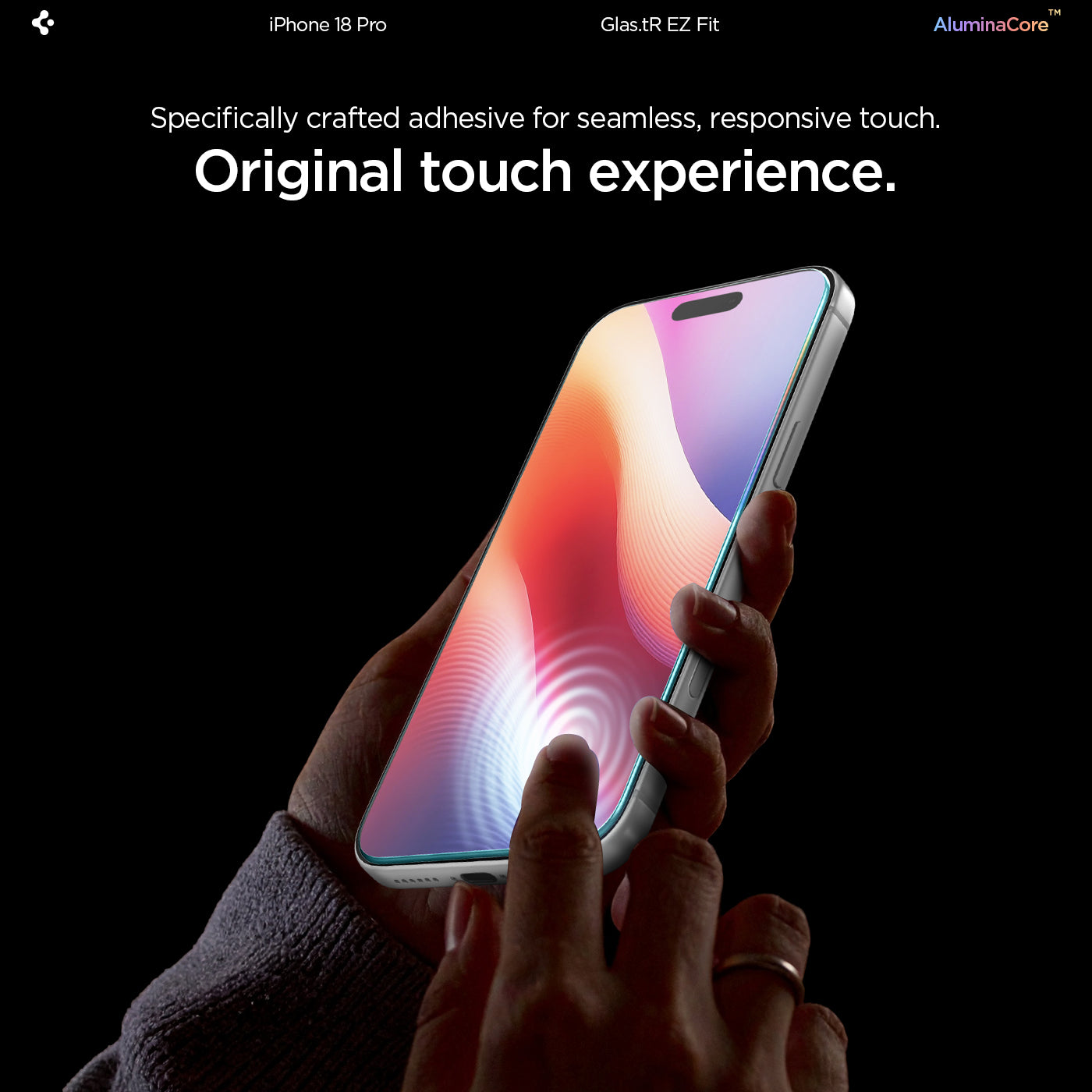AGL07928 - iPhone 18 Pro / iPhone 17 Pro GLAS.tR EZ Fit | Sensor Protected showing a hand operating the touchscreen through the installed tempered glass to demonstrate touch responsiveness