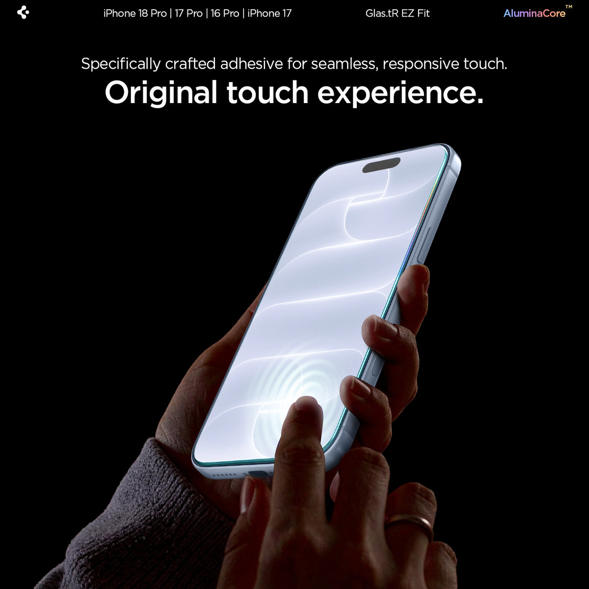 AGL07928 - iPhone 18 Pro / iPhone 17 Pro GLAS.tR EZ Fit | Sensor Protected showing a hand operating the touchscreen through the installed tempered glass to demonstrate touch responsiveness