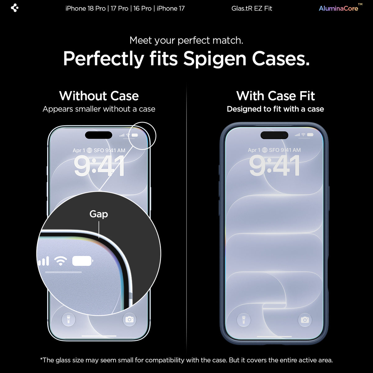 AGL07928 - iPhone 18 Pro / iPhone 17 Pro GLAS.tR EZ Fit | Sensor Protected showing a side-by-side comparison of the tempered glass fit without a case versus with a case, highlighting the edge gap difference