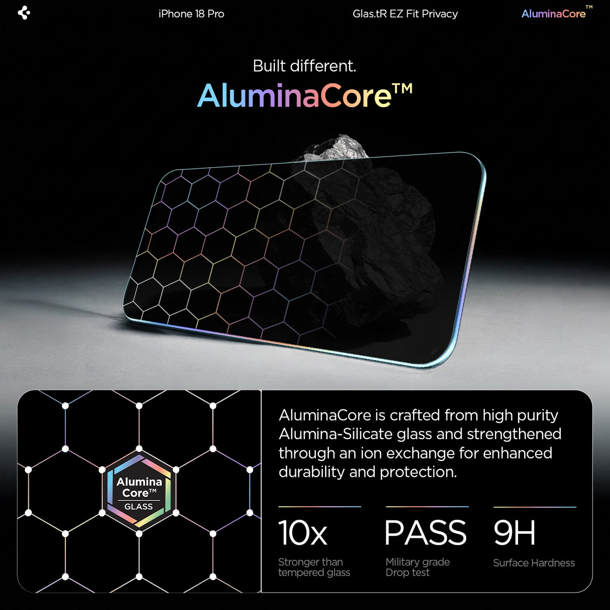 AGL12023 - iPhone 18 Pro GLAS.tR EZ Fit | Privacy showing aluminacore
