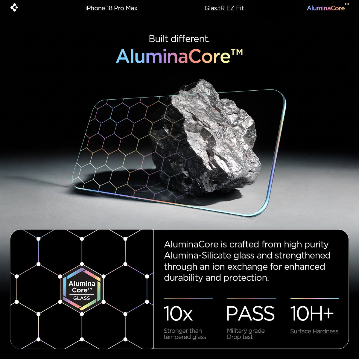 AGL07907 - iPhone 18 Pro Max / iPhone 17 Pro Max GLAS.tR EZ Fit | Sensor Protected showing the tempered glass material next to a raw mineral graphic with hexagonal pattern overlay and strength, drop test, and hardness ratings