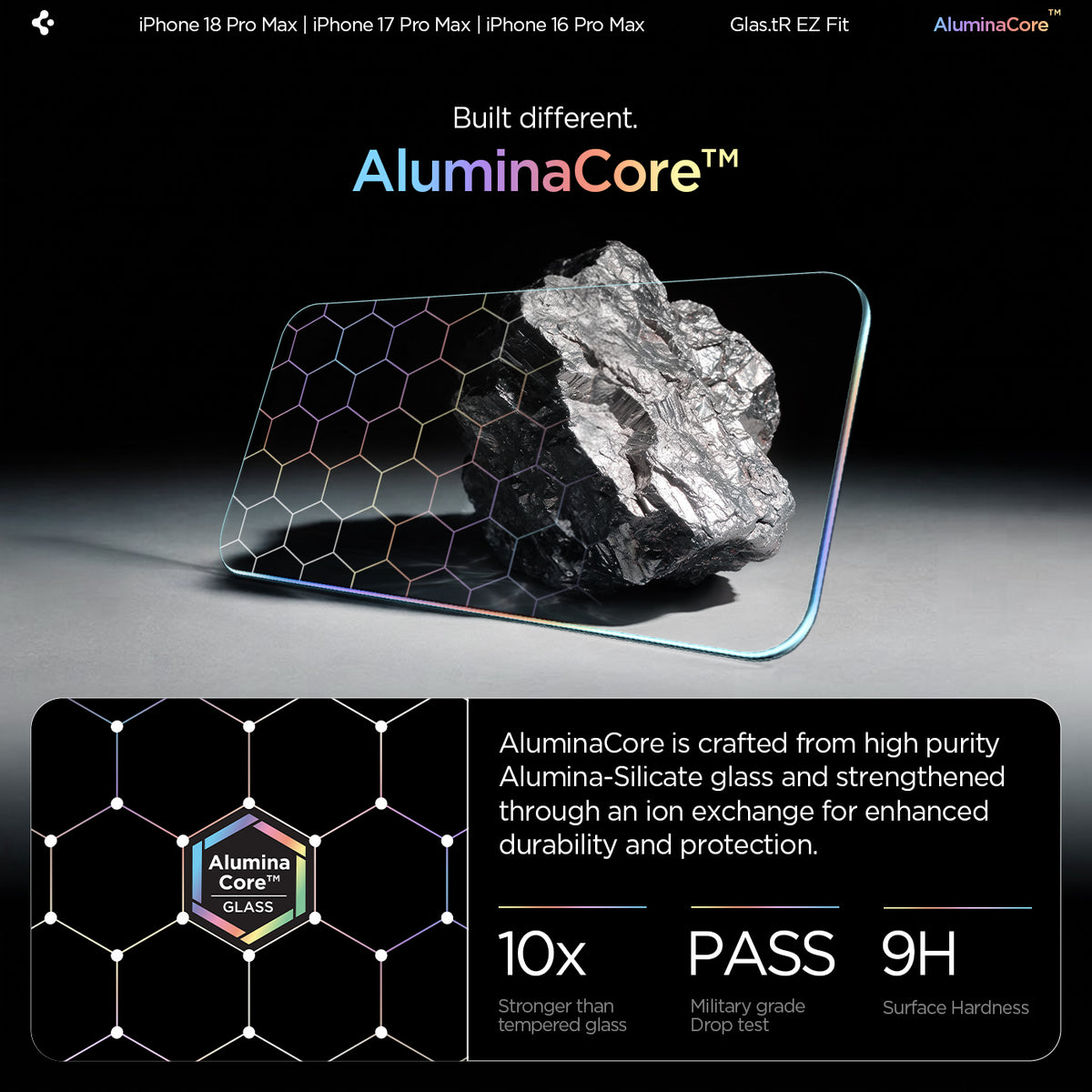 AGL07907 - iPhone 18 Pro Max / iPhone 17 Pro Max GLAS.tR EZ Fit | Sensor Protected showing the tempered glass material next to a raw mineral graphic with hexagonal pattern overlay and strength, drop test, and hardness ratings