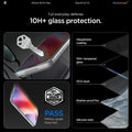 AGL07907 - iPhone 18 Pro Max / iPhone 17 Pro Max GLAS.tR EZ Fit | Sensor Protected showing a key scratching the screen surface next to a layered diagram of oleophobic coating, tempered glass, OCA layer, shatter-proof film, and silicone resin