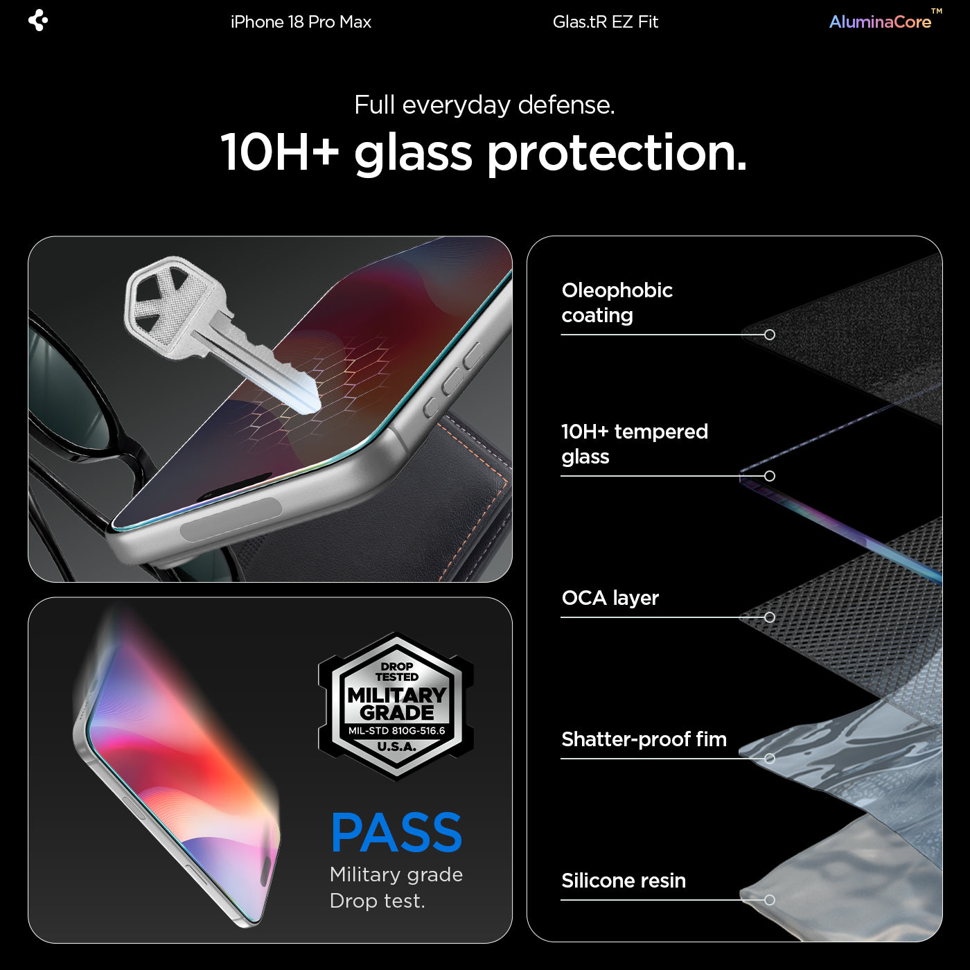 AGL07907 - iPhone 18 Pro Max / iPhone 17 Pro Max GLAS.tR EZ Fit | Sensor Protected showing a key scratching the screen surface next to a layered diagram of oleophobic coating, tempered glass, OCA layer, shatter-proof film, and silicone resin