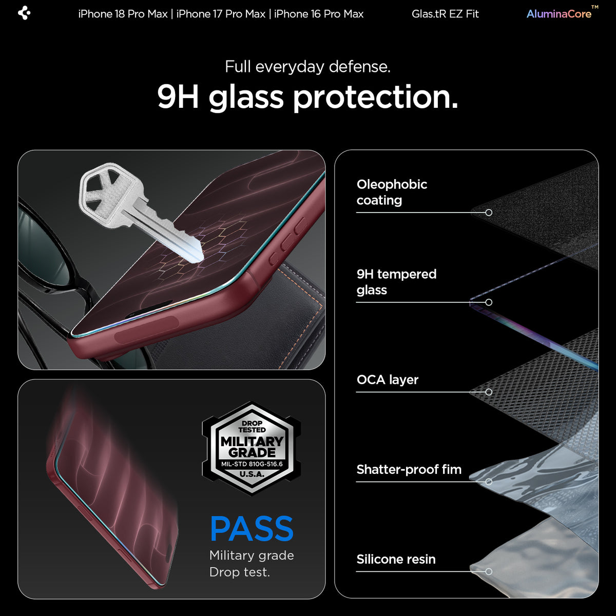 AGL07907 - iPhone 18 Pro Max / iPhone 17 Pro Max GLAS.tR EZ Fit | Sensor Protected showing a key scratching the screen surface next to a layered diagram of oleophobic coating, tempered glass, OCA layer, shatter-proof film, and silicone resin