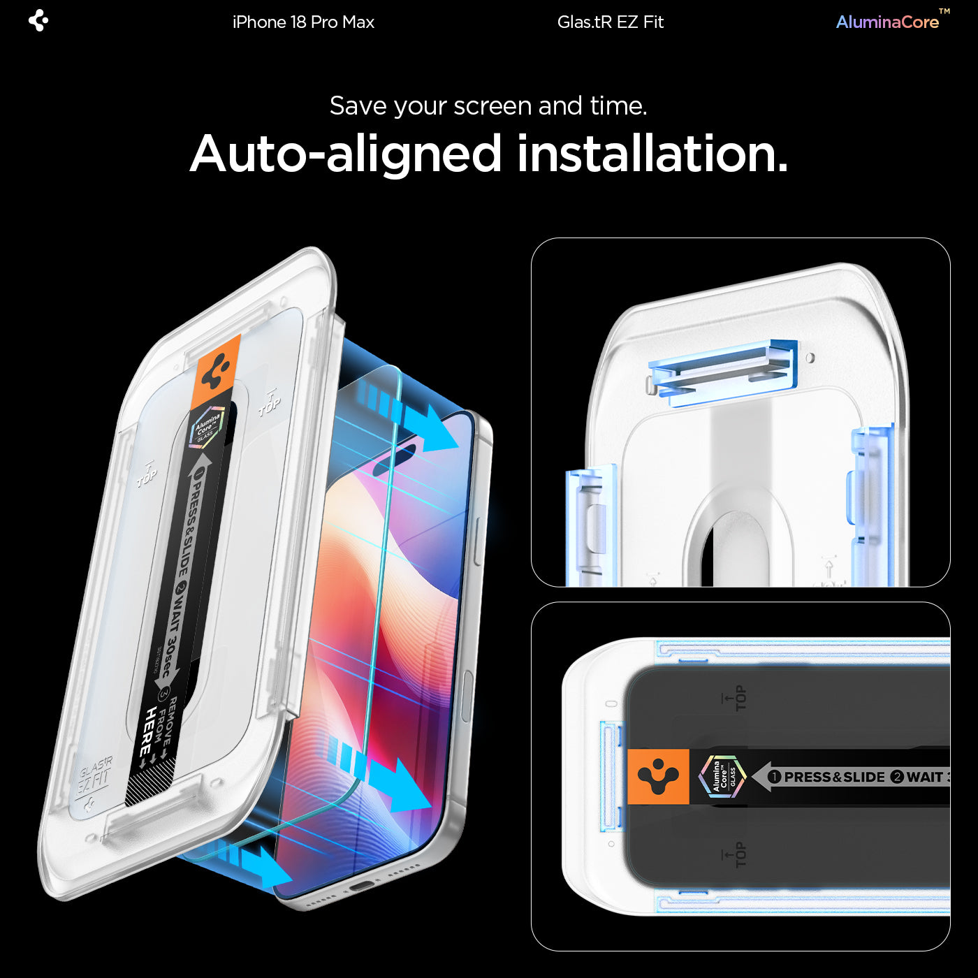 AGL07907 - iPhone 18 Pro Max / iPhone 17 Pro Max GLAS.tR EZ Fit | Sensor Protected showing the installation tray aligning the tempered glass onto the device with a press-and-slide application strip