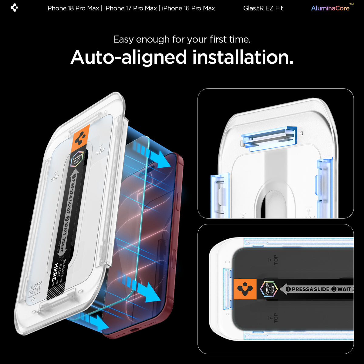 AGL07907 - iPhone 18 Pro Max / iPhone 17 Pro Max GLAS.tR EZ Fit | Sensor Protected showing the installation tray aligning the tempered glass onto the device with a press-and-slide application strip