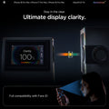 AGL07907 - iPhone 18 Pro Max / iPhone 17 Pro Max GLAS.tR EZ Fit | Sensor Protected showing a display clarity test setup alongside Face ID compatibility with the tempered glass installed