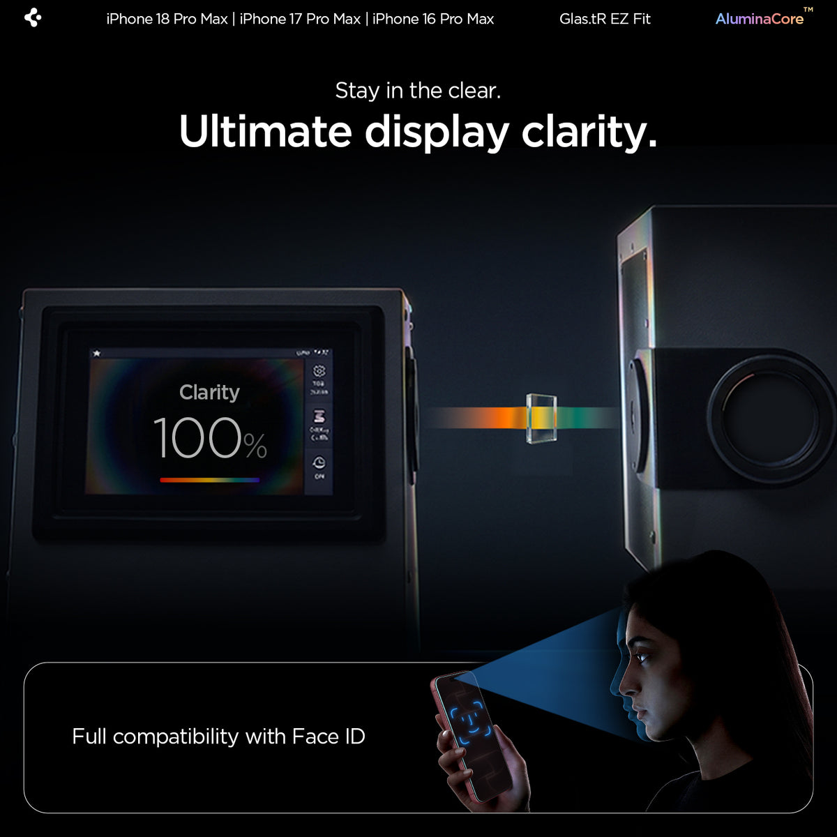 AGL07907 - iPhone 18 Pro Max / iPhone 17 Pro Max GLAS.tR EZ Fit | Sensor Protected showing a display clarity test setup alongside Face ID compatibility with the tempered glass installed