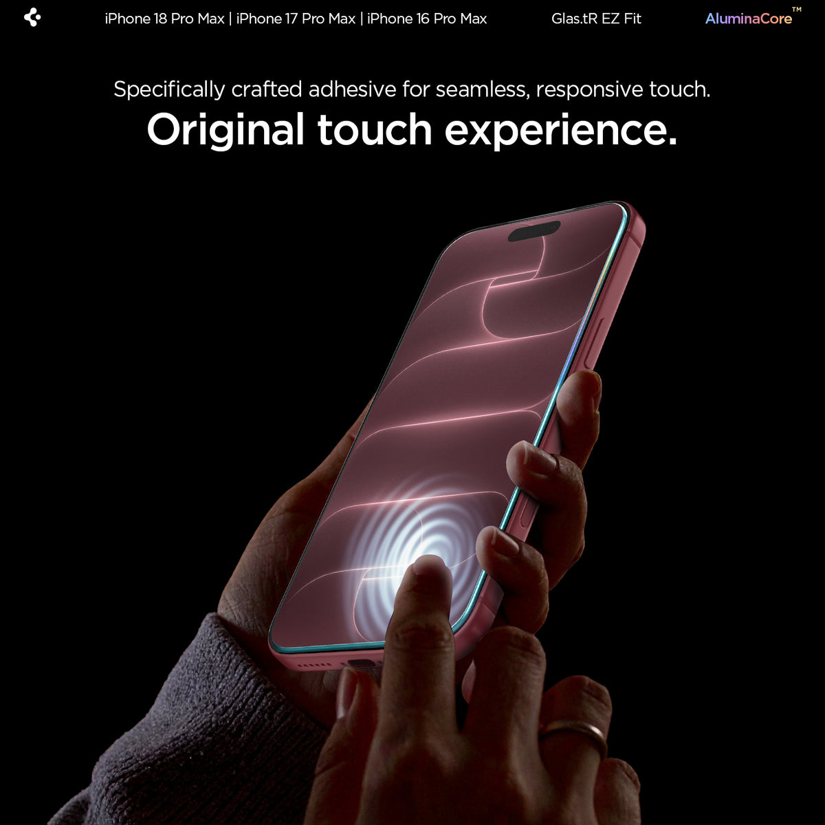 AGL07907 - iPhone 18 Pro Max / iPhone 17 Pro Max GLAS.tR EZ Fit | Sensor Protected showing a hand operating the touchscreen through the installed tempered glass to demonstrate touch responsiveness