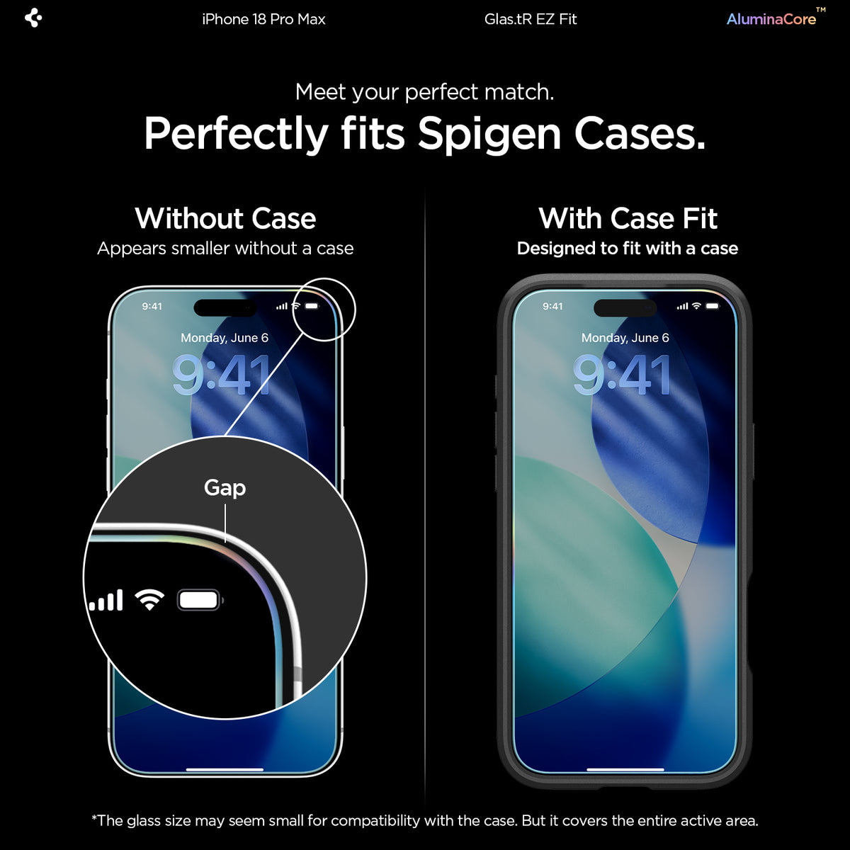 AGL07907 - iPhone 18 Pro Max / iPhone 17 Pro Max GLAS.tR EZ Fit | Sensor Protected showing a side-by-side comparison of the tempered glass fit without a case versus with a case, highlighting the edge gap difference