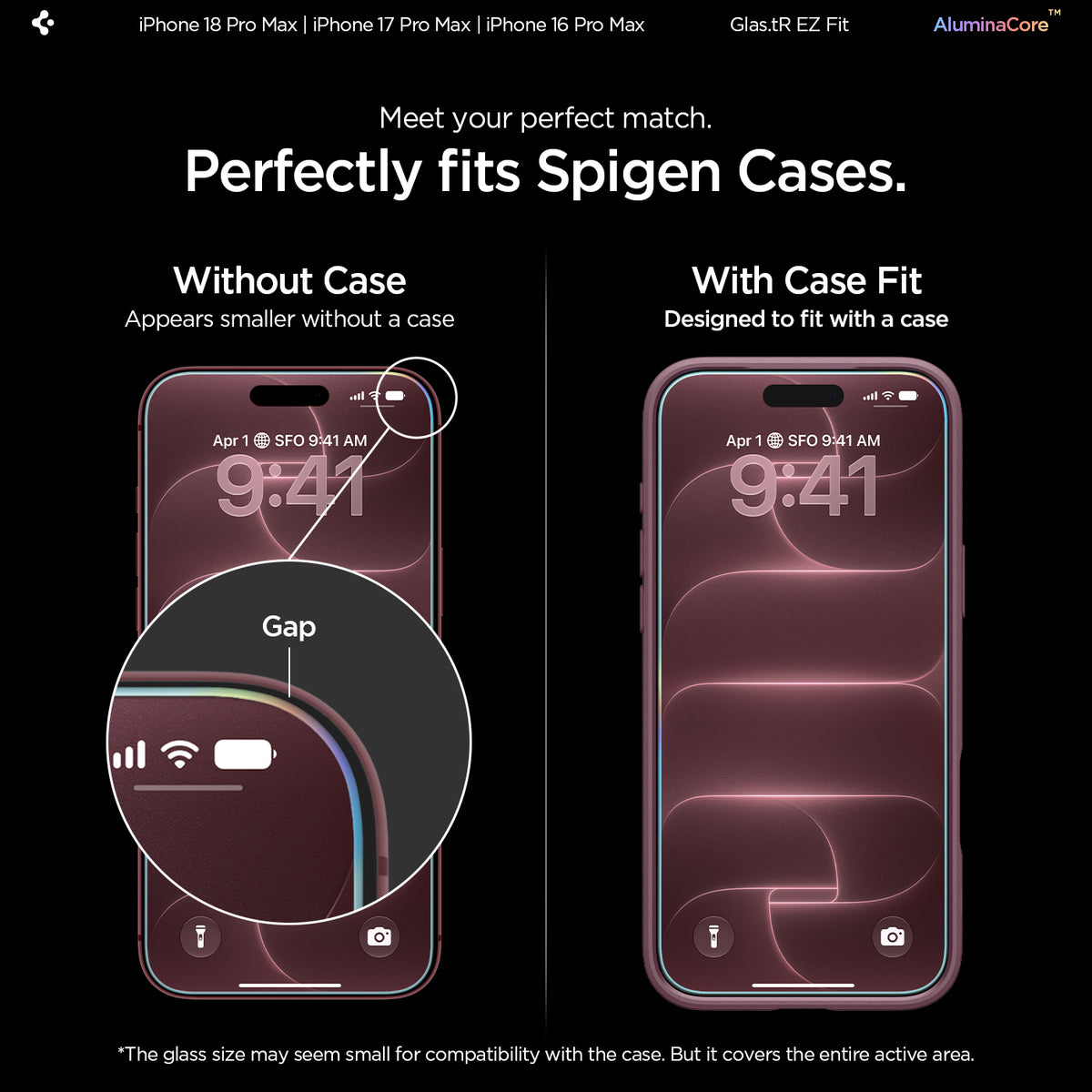 AGL07907 - iPhone 18 Pro Max / iPhone 17 Pro Max GLAS.tR EZ Fit | Sensor Protected showing a side-by-side comparison of the tempered glass fit without a case versus with a case, highlighting the edge gap difference