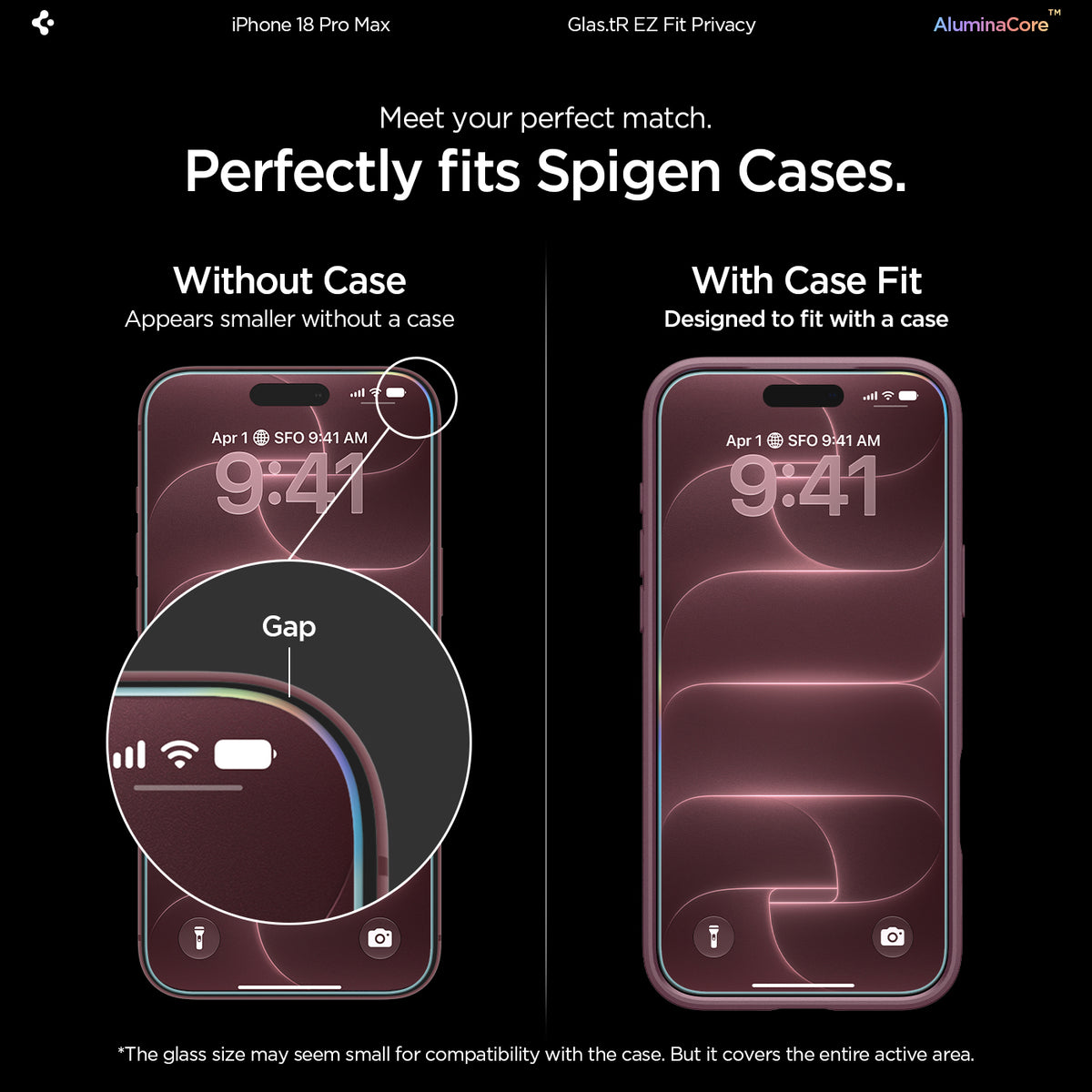 AGL12029 - iPhone 18 Pro Max Pro GLAS.tR EZ Fit | Privacy showing meet your perfect match. perfectly fits spigen cases
