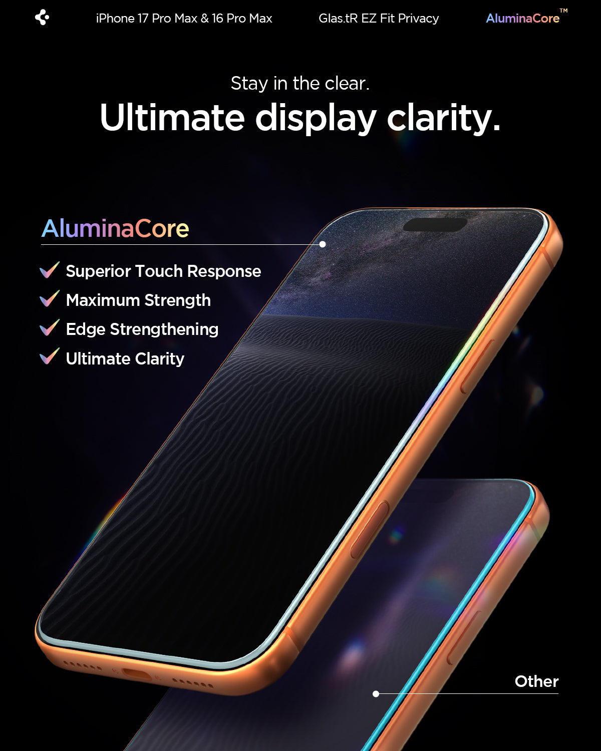 AGL07908 - iPhone 17 Pro Max GLAS.tR EZ Fit Privacy showing the ultimate display clarity. Stay in the clear.