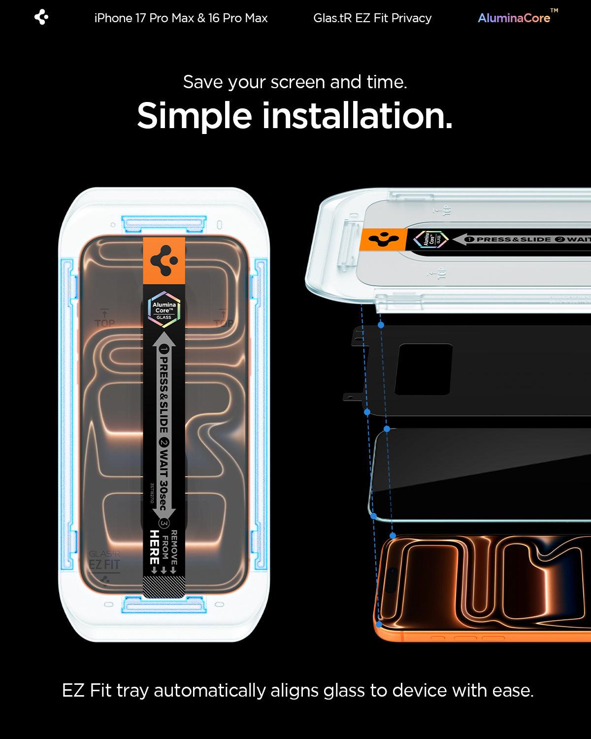AGL07908 - iPhone 17 Pro Max GLAS.tR EZ Fit Privacy showing the simple installation. Save your screen and time.