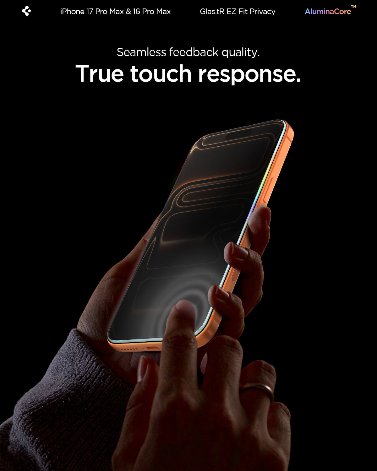 AGL07908 - iPhone 17 Pro Max GLAS.tR EZ Fit Privacy showing the seamless feedback quality with true touch response.