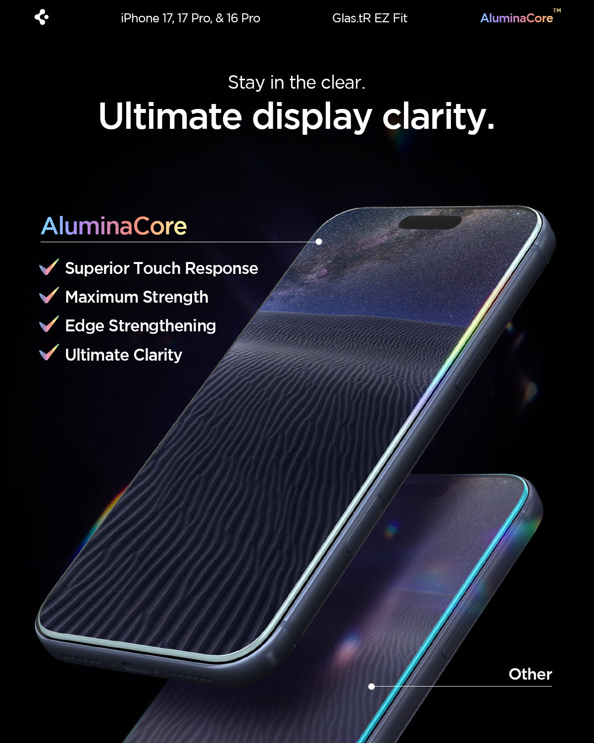 AGL07928 - iPhone 17 Pro / iPhone 17 GLAS.tR EZ Fit | Sensor Protected showing the ultimate display clarity. Stay in the clear.